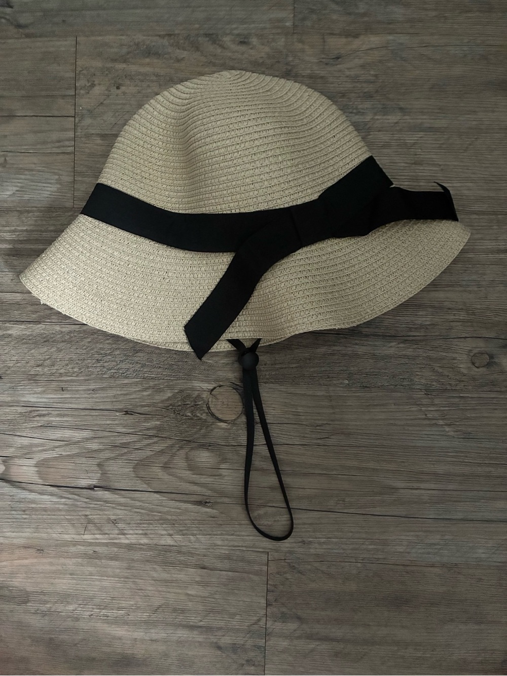 Beige Straw Sun Hat with Black Ribbon